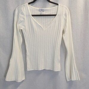 Sofia Size M Sheer Sweetheart Neck Sweater with Notched Stripes Winter White